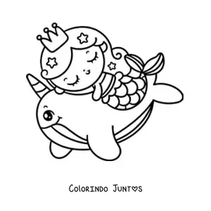 Desenho para colorir de princesa sereia kawaii nadando com um narval