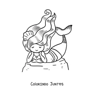 Desenho para colorir de linda sereia deitada em uma rocha