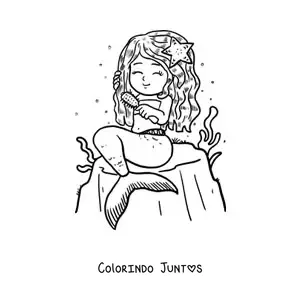 Desenho para colorir de sereia animada sentada em uma rocha penteando o cabelo