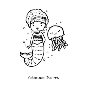 Desenho para colorir de sereia animada ao lado de uma água-viva