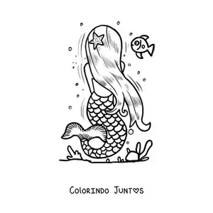 Desenho para colorir de sereia de costas no mar