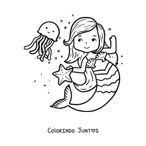 Desenho para colorir de sereia animada dançando com água-viva e estrela-do-mar