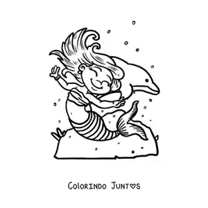 Desenho para colorir de sereia animada dançando com um golfinho