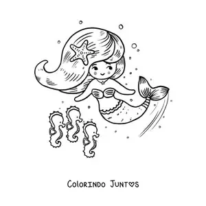 Desenho para colorir de sereia animada nadando com cavalos-marinhos