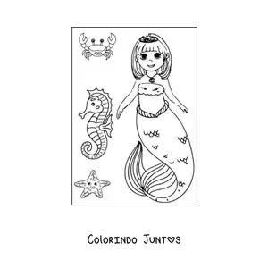 Desenho para colorir de princesa sereia estilo anime com cavalo-marinho