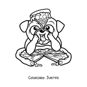 Desenho para colorir de um pug animado comendo uma pizza