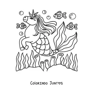 Desenho para colorir de unicórnio sereia nadando com peixes