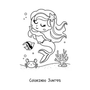 Desenho para colorir de sereia dançando com um peixe e um caranguejo