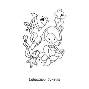 Desenho para colorir de sereia kawaii sentada em uma concha do mar com peixes