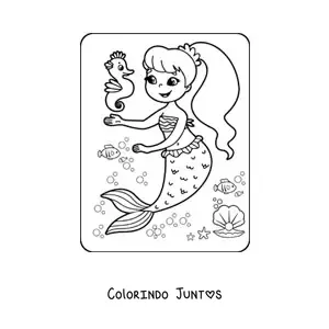 Desenho para colorir de menina sereia com cavalo-marinho