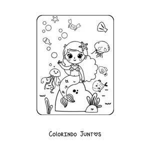 Desenho para colorir de sereia kawaii sentada em uma rocha com peixes