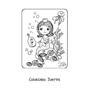 Desenho para colorir de princesa sereia kawaii sentada em uma rocha com peixes