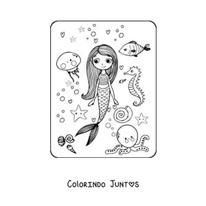 Desenho para colorir de sereia animada com peixes