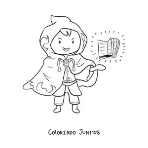 Desenho para colorir de feiticeiro com capa e livro de feiticos
