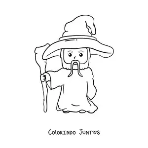 Desenho para colorir de feiticeiro kawaii com cajado