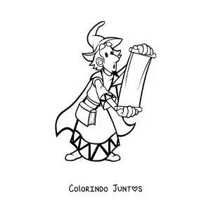 Desenho para colorir de feiticeiro animado lendo um pergaminho