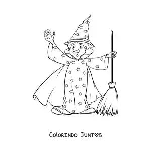 Desenho para colorir de feiticeiro com capa e vassoura