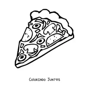 Desenho para colorir de uma fatia de pizza com cogumelos e azeitonas