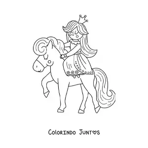 Desenho para colorir de princesa kawaii sobre um ponei