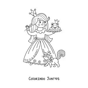 Desenho para colorir de princesa kawaii com mascote e principe transformado em sapo