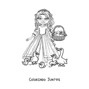 Desenho para colorir de princesa animada com cesta de frutas alimentando patos