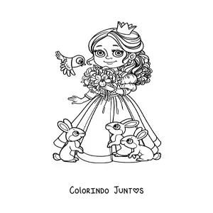 Desenho para colorir de princesa kawaii com mascotes e flores