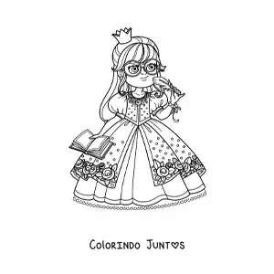 Desenho para colorir de princesa intelectual kawaii com oculos e livro