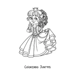 Desenho para colorir de princesa kawaii segurando seu vestido