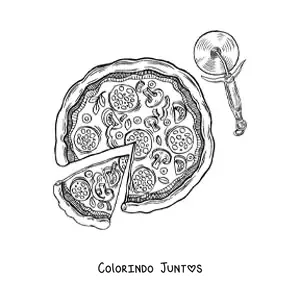 Desenho para colorir de uma pizza junto de um cortador de fatias