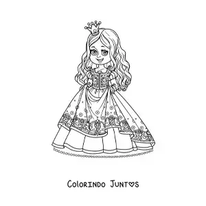 Desenho para colorir de princesa kawaii segurando seu lindo vestido