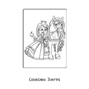 Desenho para colorir de princesa kawaii com maca e ponei