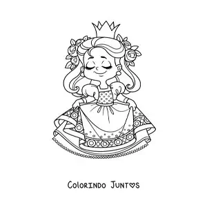 Desenho para colorir de princesa kawaii com flores segurando seu vestido
