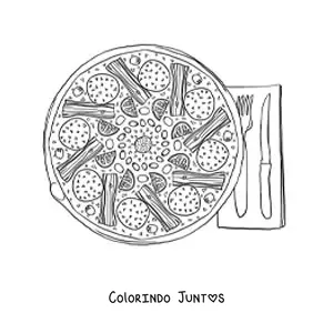 Desenho para colorir de uma pizza servida junto de um par de talheres