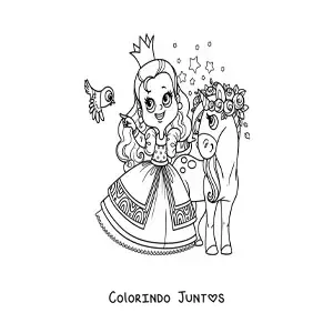 Desenho para colorir de princesa kawaii com unicornio e passaro