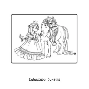 Desenho para colorir de princesa com rosa e corcel