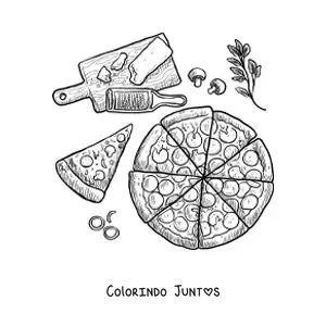 Desenho para colorir de uma pizza junto de seus ingredientes