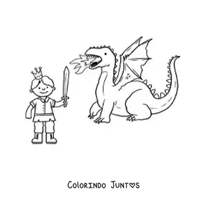 Desenho para colorir de principe com espada derrotando um dragao