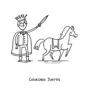 Desenho para colorir de engraçado príncipe medieval animado e seu corcel