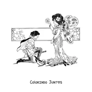 Desenho para colorir de principe medieval ajoelhado diante de uma fada realista