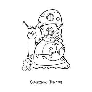 Desenho para colorir de caracol animado e casa do bosque encantado