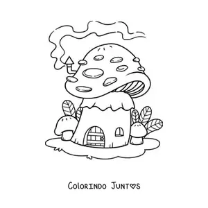 Desenho para colorir de casa em forma de cogumelo no bosque encantado