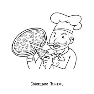 Desenho para colorir de um chef com uma pizza tirando uma fatia