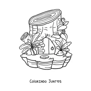 Desenho para colorir de casa em forma de tronco no bosque encantado