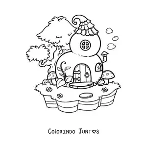 Desenho para colorir de casa em forma de abobora no bosque encantado