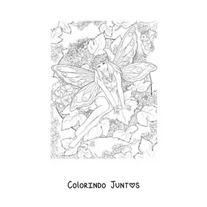 Desenho para colorir de fada realista com flores sentada no bosque encantado