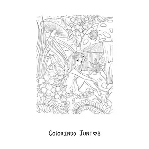 Desenho para colorir de fada realista com flores e cogumelos sentada no bosque encantado