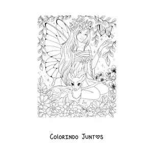 Desenho para colorir de fada realista com borboleta e um cervo sentada no bosque encantado