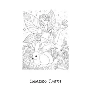 Desenho para colorir de linda fada realista com borboleta e um cervo sentada no bosque encantado