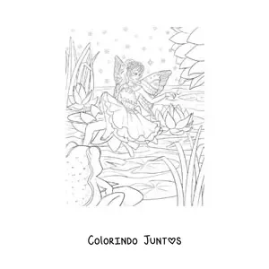 Desenho para colorir de linda fada da agua em um lago no bosque encantado