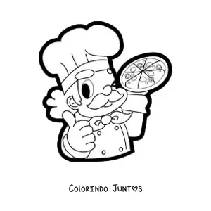 Desenho para colorir de um chef com pizza em uma das maos
